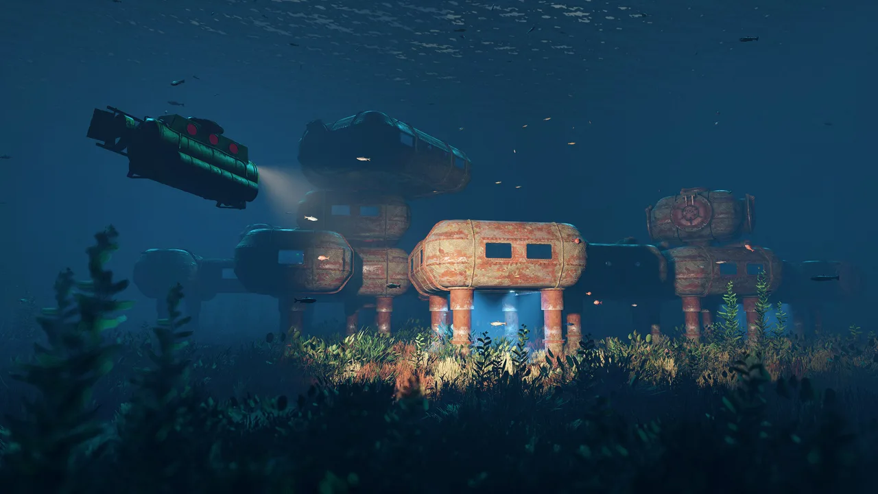 Подводная станция Deep Sea в Rust: ржавые модули на опорах среди водорослей и батискаф с прожектором