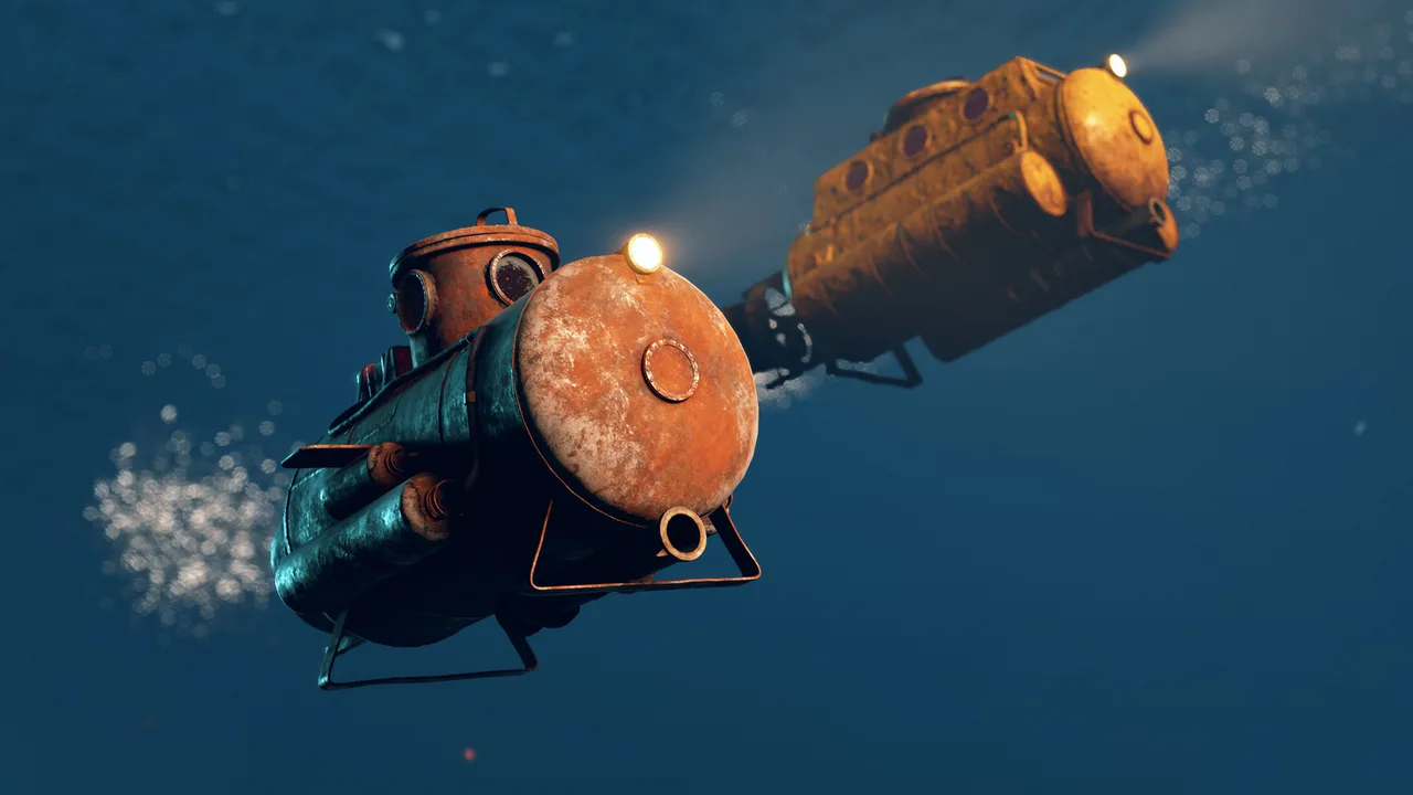 Две ржавые подлодки Rust под водой с включёнными фарами: одноместная на переднем плане, двухместная позади