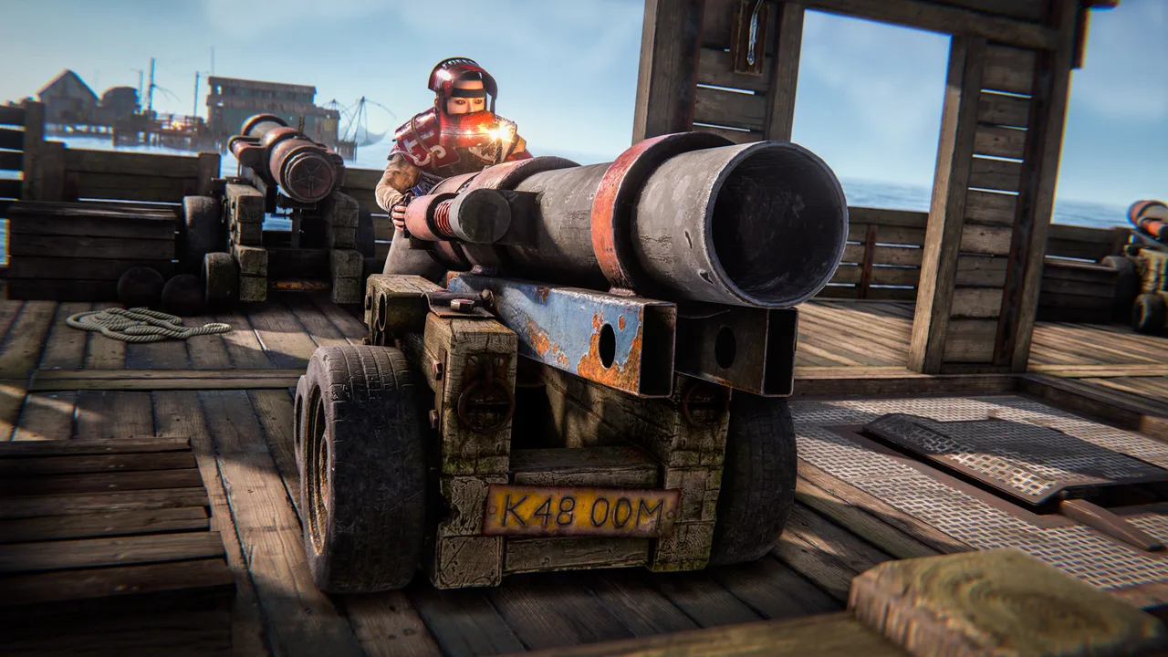 Пушка, установленная на палубе построенного игроками корабля в Rust, рядом лежат ядра