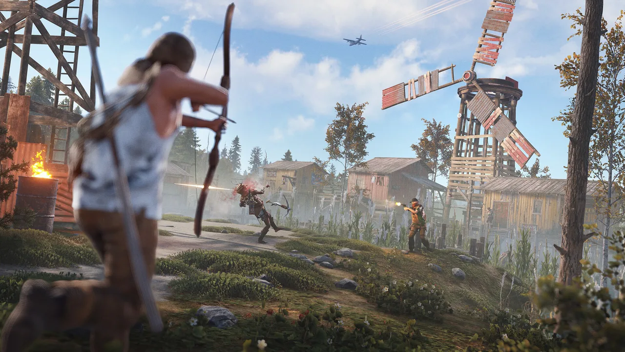 Перестрелка в Rust у деревянного ветряка: лучница на переднем плане натягивает лук, справа игрок стреляет из револьвера, в небе транспортный самолёт