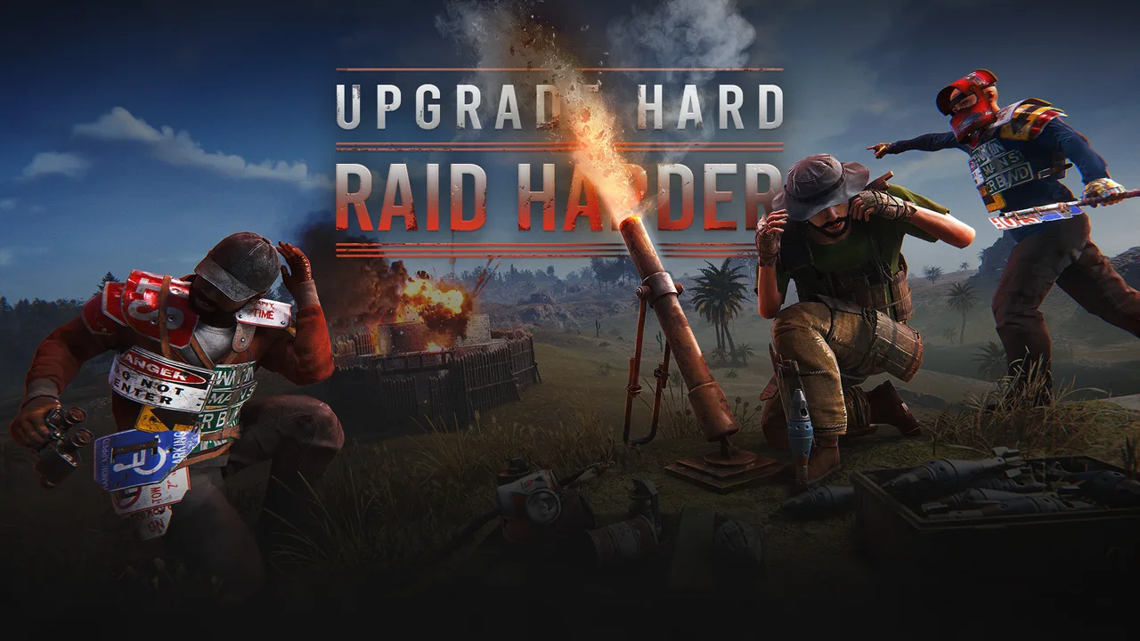 Арт обновления Upgrade Hard, Raid Harder в Rust: игроки у миномёта обстреливают деревянную базу, вдалеке взрыв