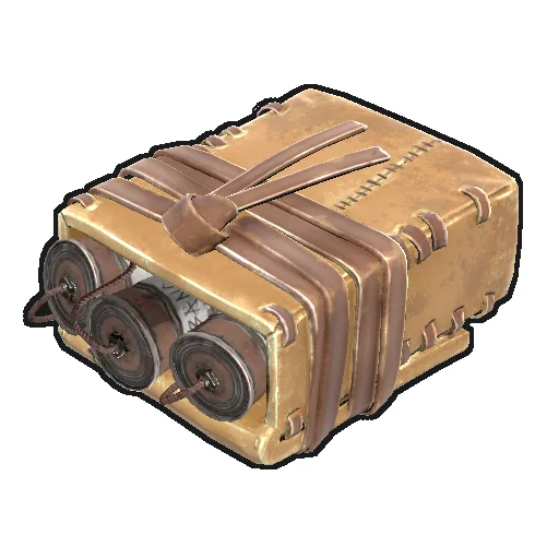 Сатчел в Rust: сумка с зарядом из бобовых гранат, перевязанная верёвкой, с фитилём для поджига