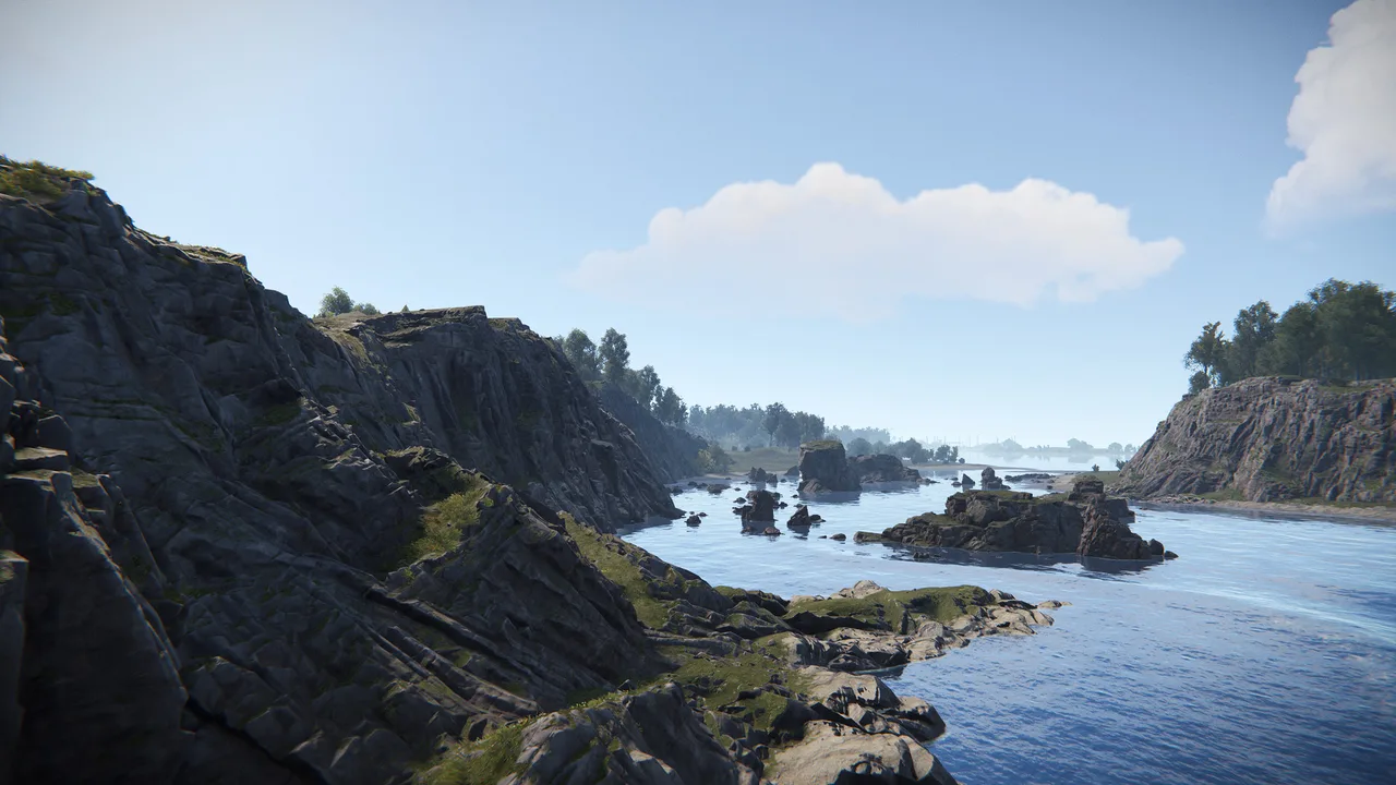 Скалистое ущелье с рекой в Rust: каменистые склоны и валуны вдоль воды, где обычно ищут серные рудные узлы