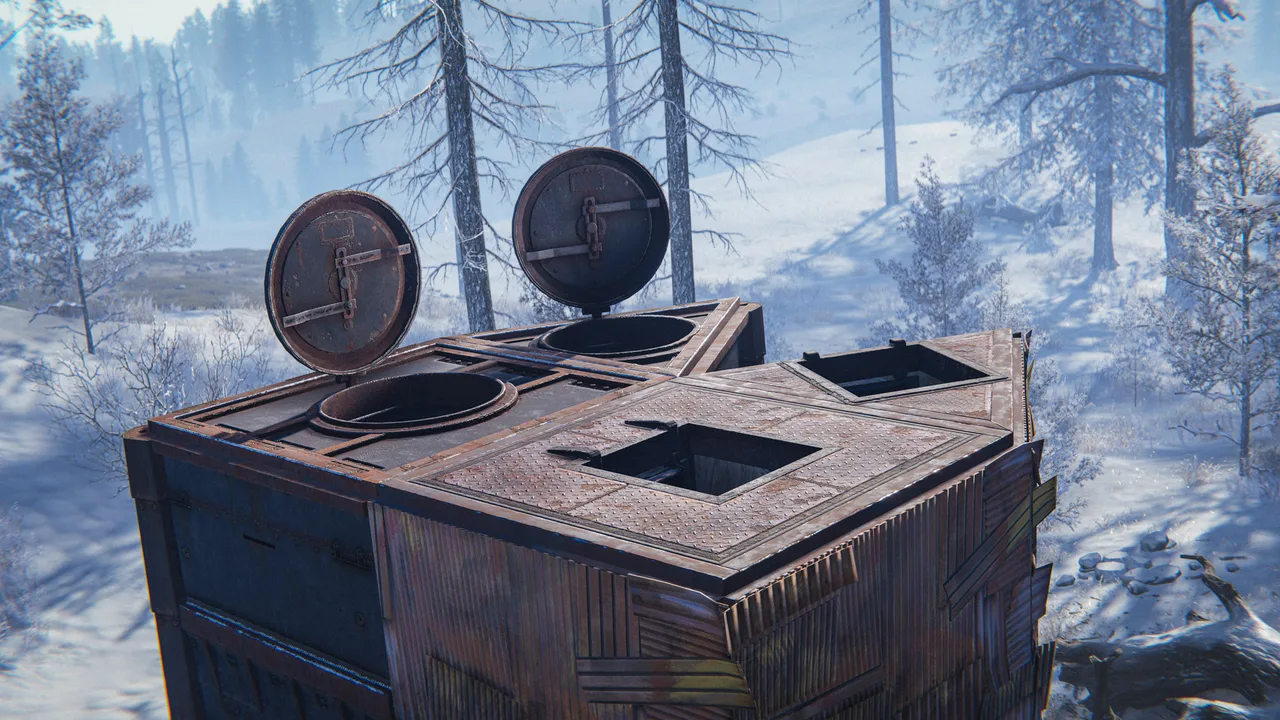 Четыре варианта скинов для лестничного люка в Rust из девблога Facepunch: крышки с разными рисунками в рамке пола