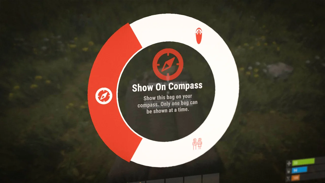 Радиальное меню спального мешка в Rust с пунктом Show On Compass для вывода точки респавна на компас