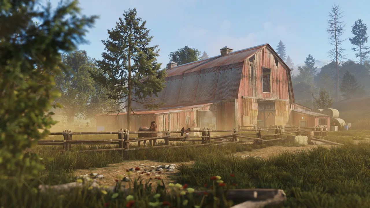 Загон конюшни Rust: осёдланные лошади разных мастей у деревянного ограждения фермы под пасмурным небом