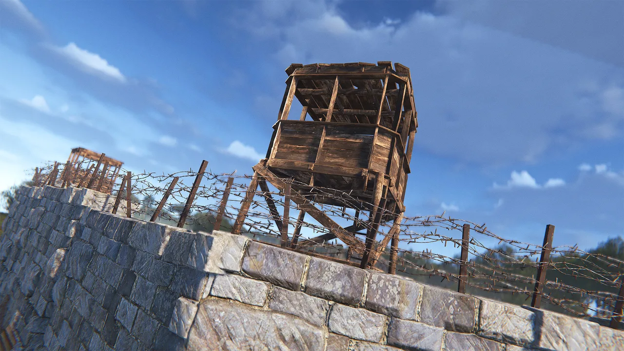 Сторожевая вышка рядом с деревянной базой в Rust — точка обзора периметра, куда обычно выносят сигнальные устройства