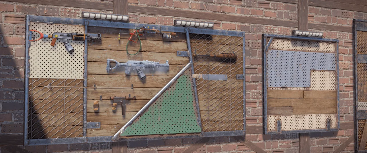 Настенные стойки для оружия в Rust на кирпичной стене с подсветкой: АК, винтовка, бита, мачете и самодельный пистолет