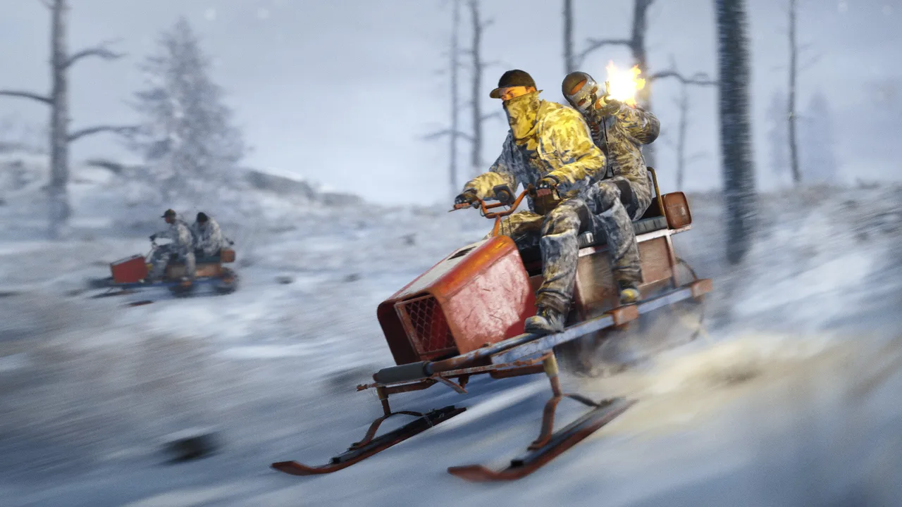 Двое игроков Rust мчатся по заснеженному лесу на снегоходе, пассажир стреляет на ходу со вспышкой выстрела