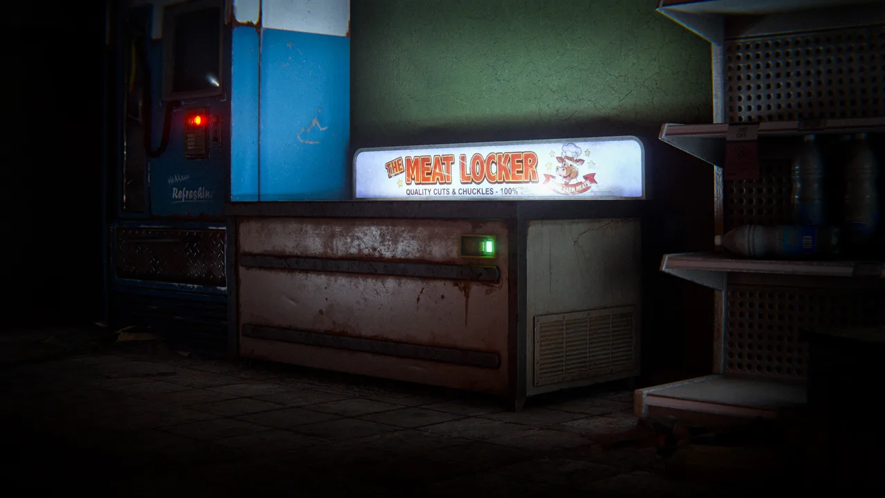 Витринный холодильник The Meat Locker в тёмном супермаркете Rust светится от восстановленной энергосети