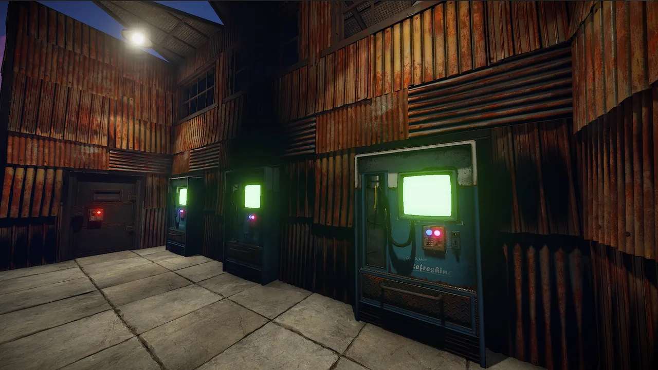 Ряд торговых автоматов Rust во внутреннем дворе базы ночью: подсвеченные зелёные экраны машин на стене из гофрированного металла