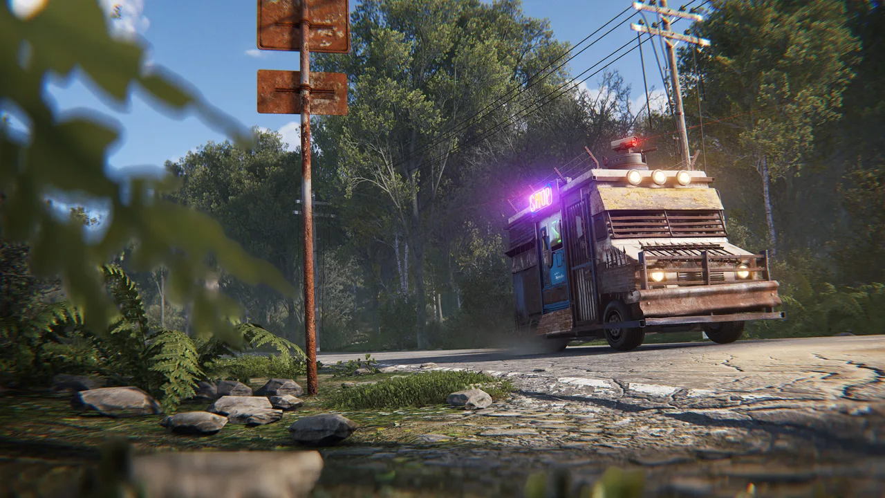 Странствующий торговец Rust: бронированный фургон торговца с турелями на крыше стоит на кольцевой дороге