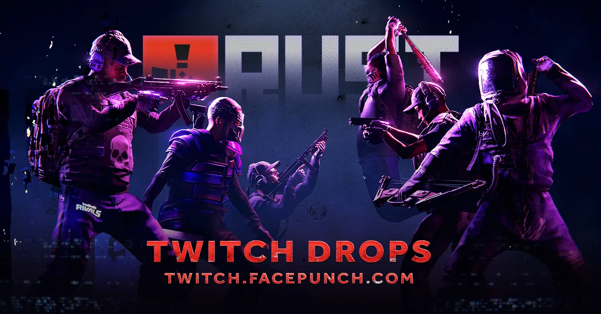 Официальный арт Rust Twitch Drops — выжившие с оружием на фоне логотипа игры