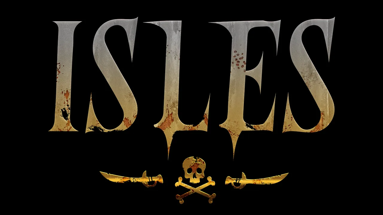 Логотип раунда Rust Isles в Twitch Drops Rust: ржавые буквы ISLES, пиратский череп с костями и две скрещённые сабли