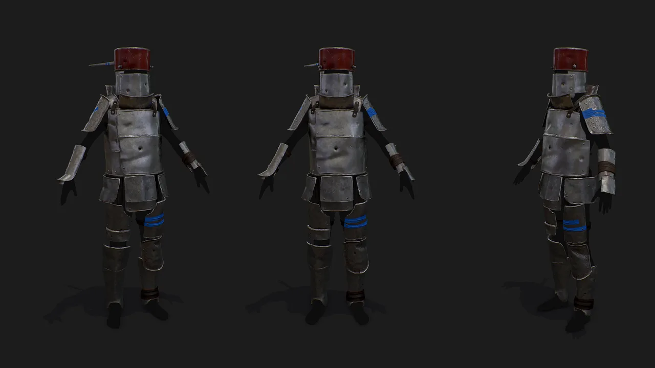 Концепт тяжёлой брони Rust с трёх ракурсов: шлем-ведро с козырьком, пластинчатый корпус, наплечники и наголенники