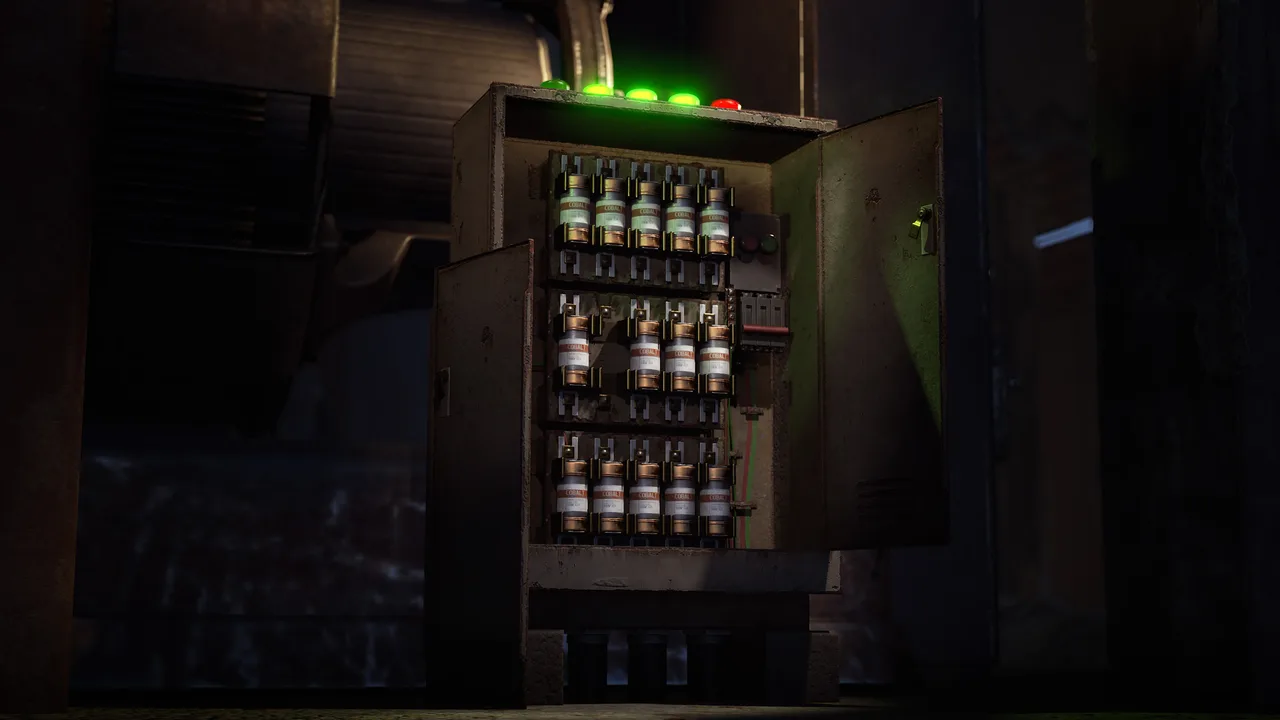 Большой щит электростанции Rust с тяжёлыми предохранителями Cobalt в три ряда и зелёными индикаторами фаз питания сверху
