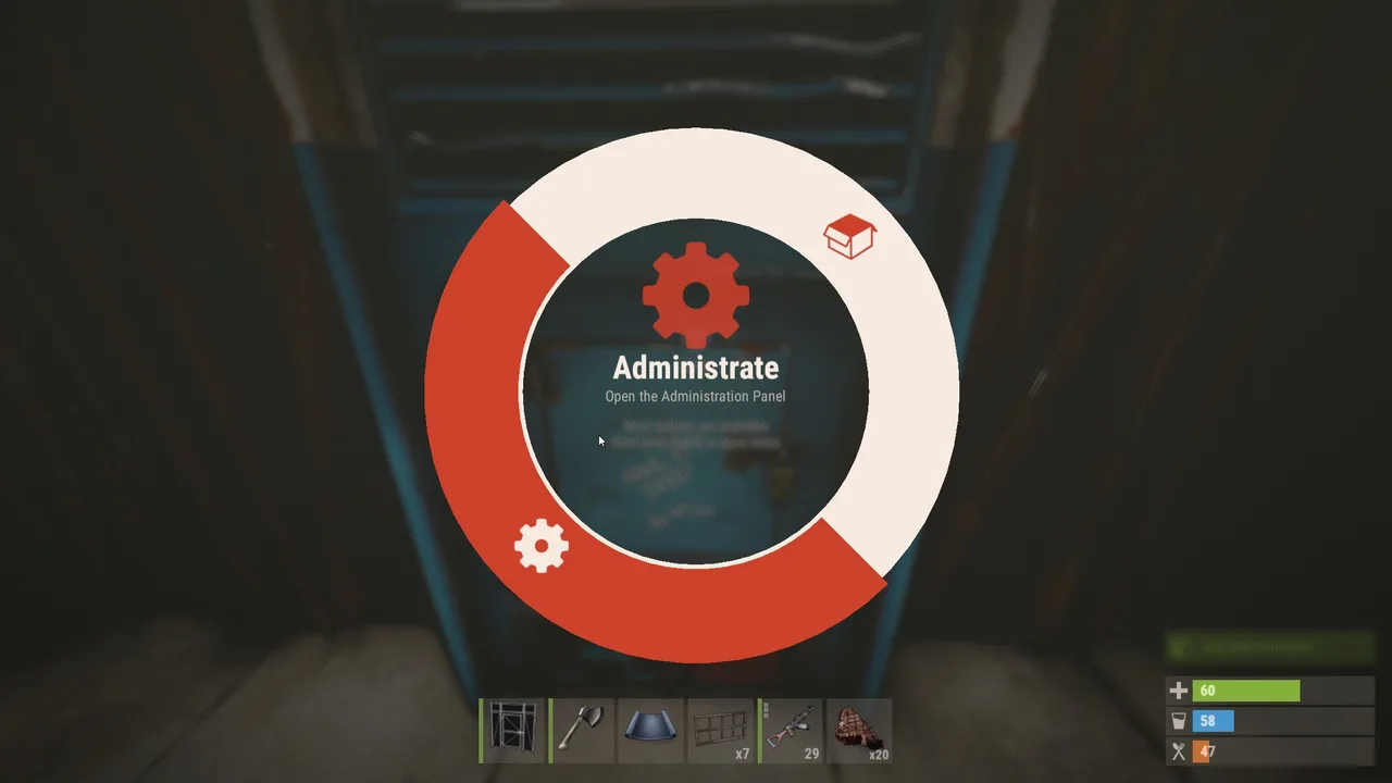 Круговое меню взаимодействия с торговым автоматом в Rust с выбранным пунктом Administrate для открытия панели администрирования