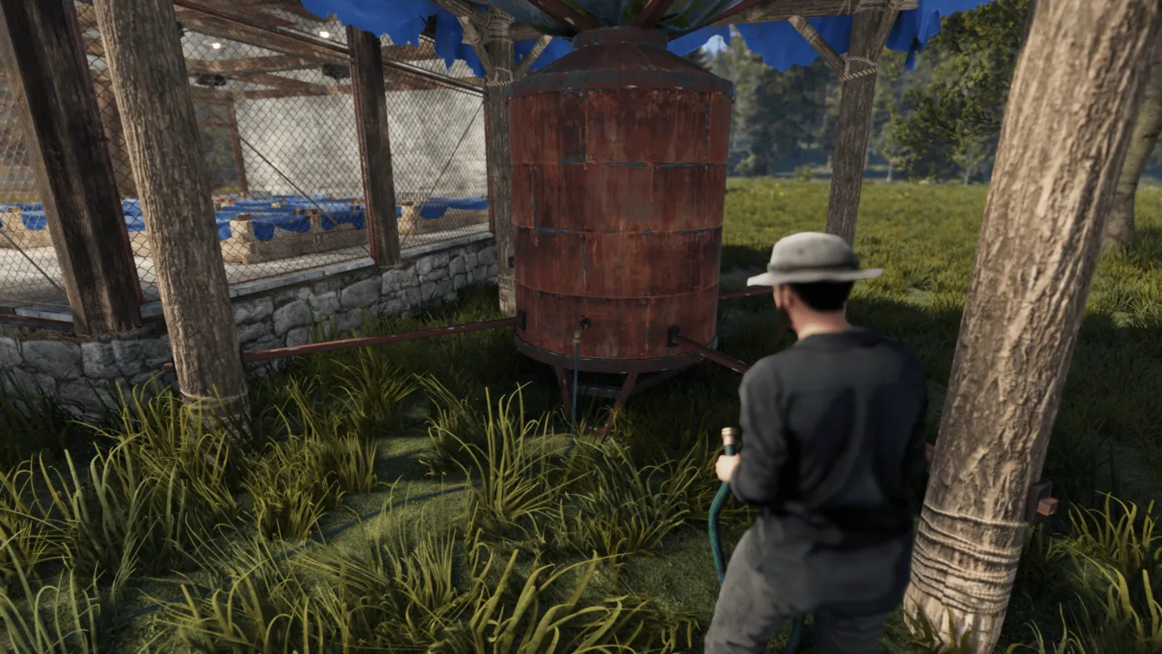 Водосборники и бочки с водой в Rust, соединённые шлангами: базовая схема подачи воды на грядки фермы