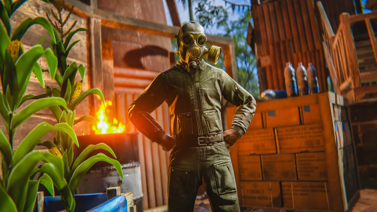 Выживший в противогазе у торговца водозабора в Rust: рядом кукуруза в грядке, бочка с огнём и ящики с гуманитарной водой