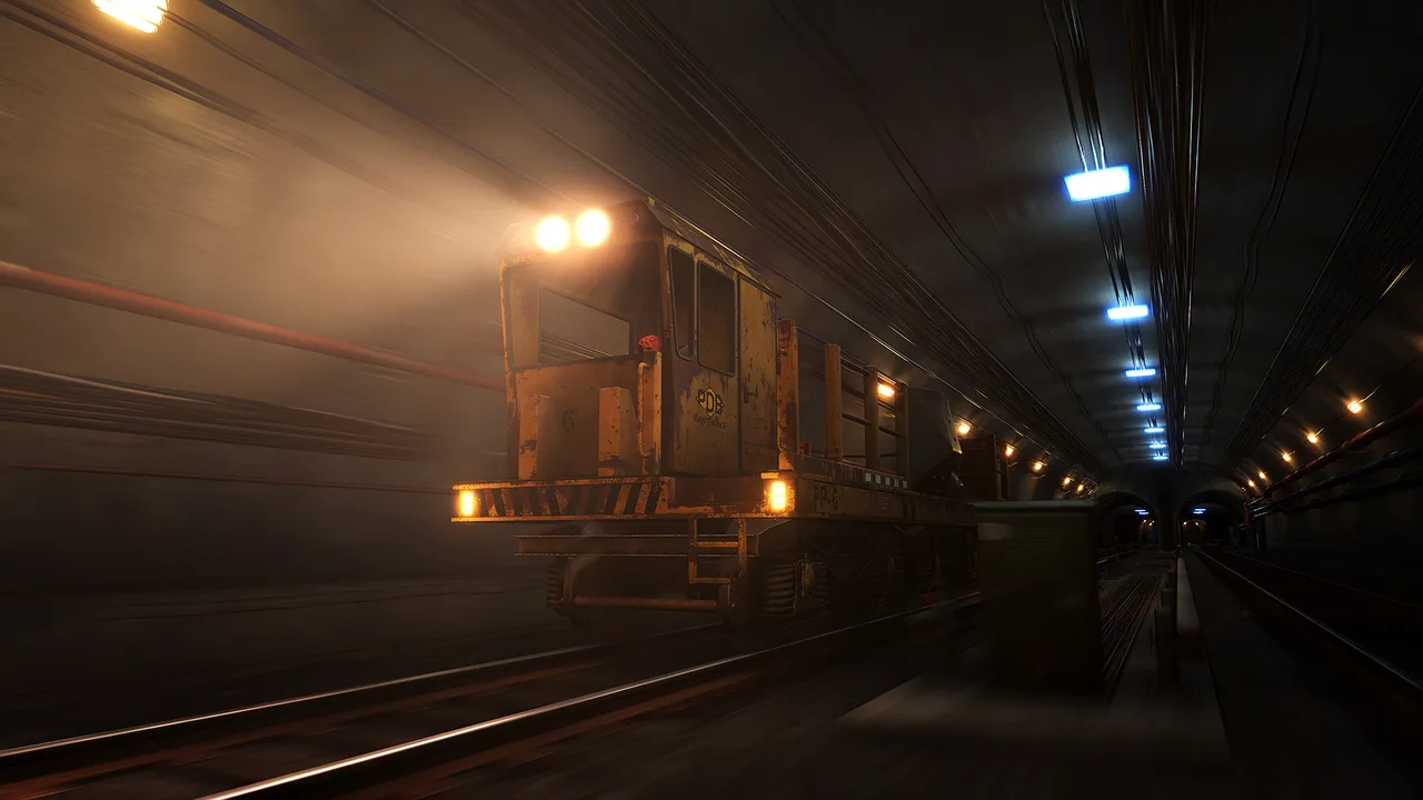 Вагонетка с включёнными фарами разгоняется по подземному тоннелю Rust мимо освещённой синими лампами станции