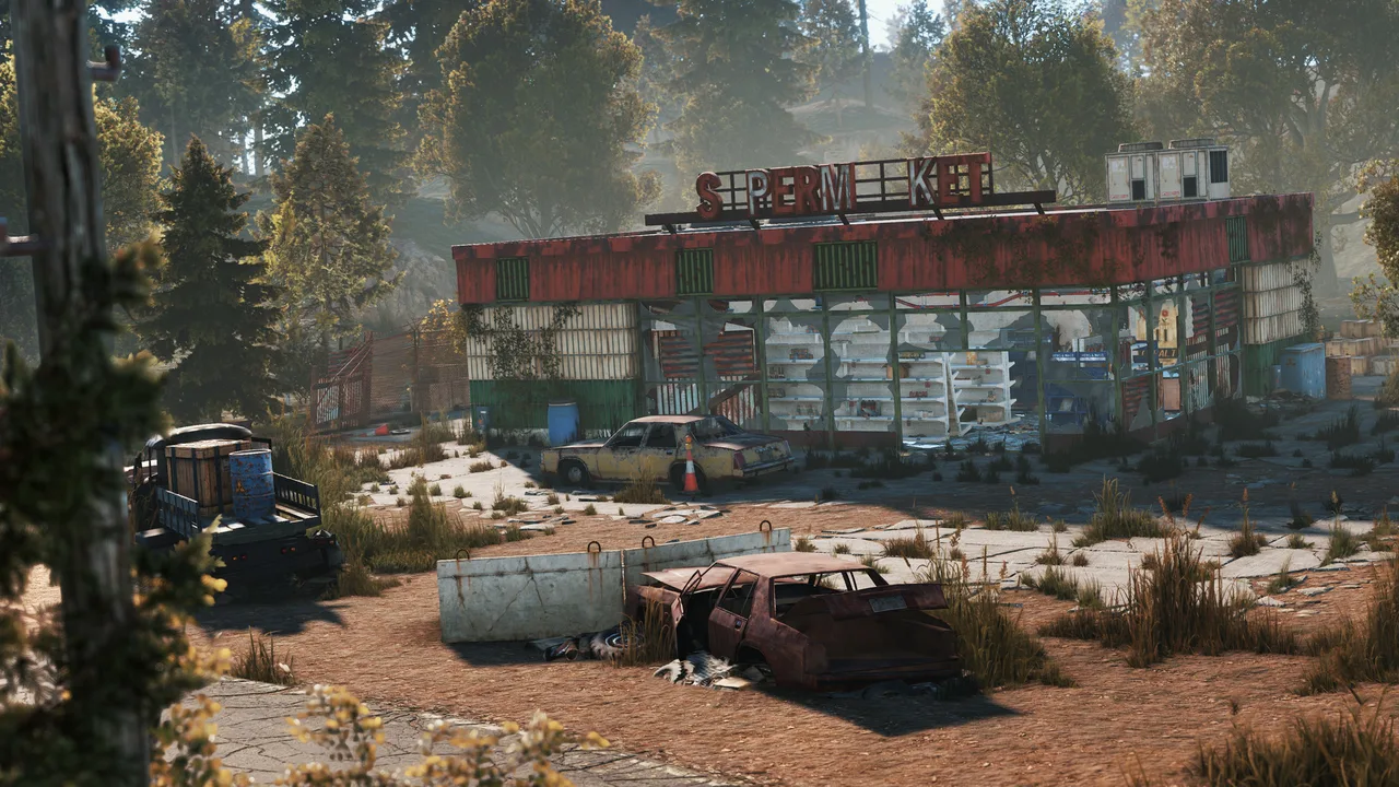Заброшенный супермаркет в Rust: ржавая вывеска, разбитые витрины с пустыми стеллажами и брошенные машины на растрескавшейся площадке