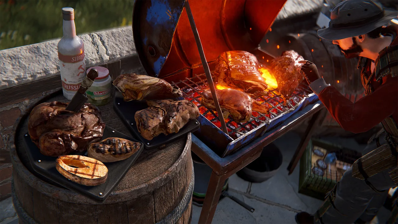 Игрок в панаме жарит мясо и курицу на барбекю в Rust, рядом на бочке лежат готовые стейки и ломтик рыбы